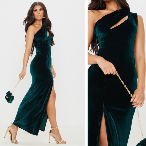 emerald green velvet plunge split leg maxi dress